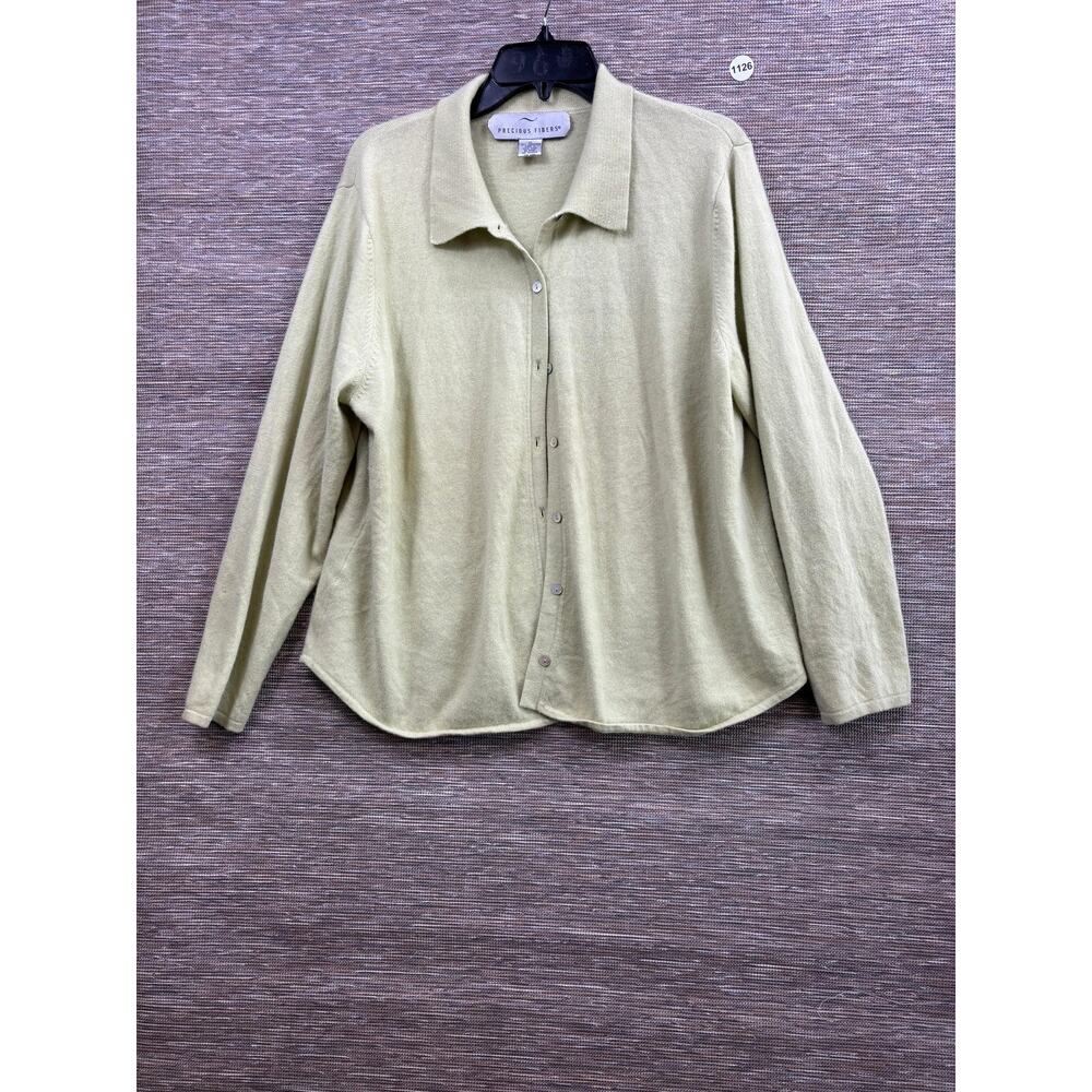 Precious Fibers Cardigan Sweater Womens 2X Green Cashmere Collared Button Front